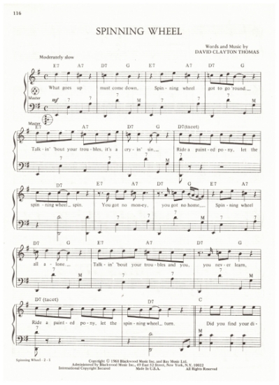 Picture of Spinning Wheel, David Clayton Thomas, recorded by Blood Sweat & Tears, arr. Pietro Deiro Jr. for accordion solo, pdf copy 