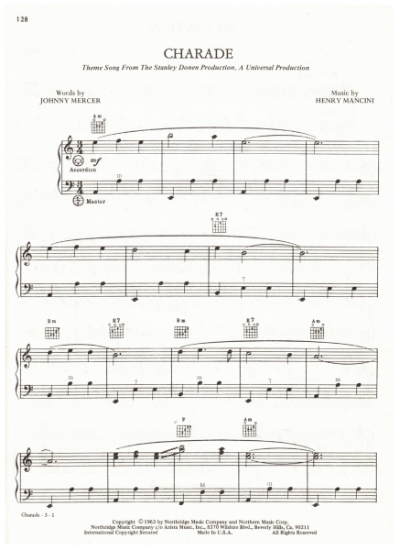 Picture of Charade, movie title song, Johnny Mercer & Henry Mancini, arr. Pietro Deiro Jr. for accordion solo, sheet music