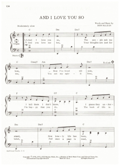 Picture of And I Love You So, Don McLean, popularized by Perry Como, arr. Pietro Deiro Jr. for accordion solo, pdf copy 