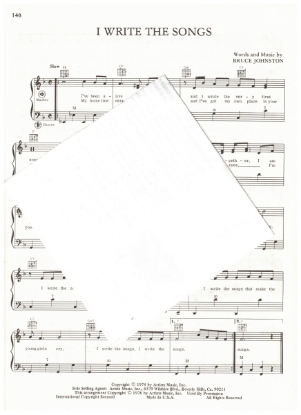 Picture of I Write the Songs, Bruce Johnston, recorded by Barry Manilow, arr. Pietro Deiro Jr. for accordion solo, pdf copy 