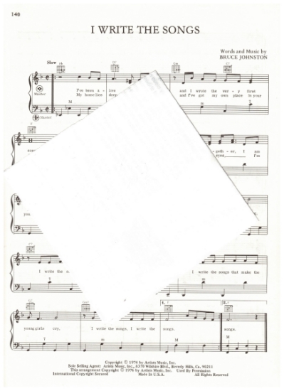 Picture of I Write the Songs, Bruce Johnston, recorded by Barry Manilow, arr. Pietro Deiro Jr. for accordion solo, pdf copy 