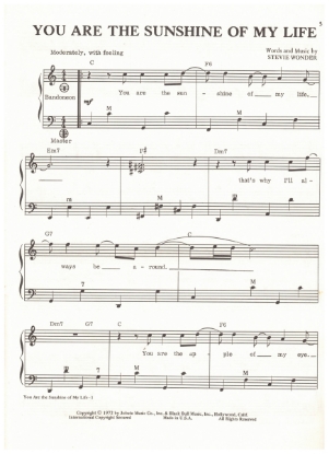 Picture of You Are the Sunshine of My Life, written & recorded by Stevie Wonder, arr. Pietro Deiro Jr. for accordion solo, pdf copy 
