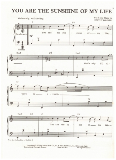 Picture of You Are the Sunshine of My Life, written & recorded by Stevie Wonder, arr. Pietro Deiro Jr. for accordion solo, pdf copy 