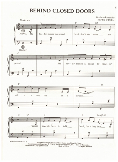 Picture of Behind Closed Doors, Kenny O'Dell, recorded by Charlie Rich, arr. Pietro Deiro Jr. for accordion solo, sheet music