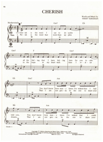 Picture of Cherish, Terry Kirkman, recorded by The Association, arr. Pietro Deiro Jr. for accordion solo, pdf copy 