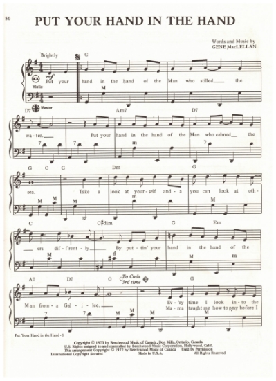 Picture of Put Your Hand in the Hand, Gene MacLellan, recorded by Ocean, arr. Pietro Deiro Jr. for accordion solo, sheet music