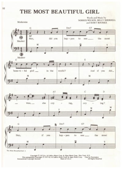 Picture of The Most Beautiful Girl, Norris Wilson/ Billy Sherrill/ Rory Bourke, recorded by Charlie Rich, arr. Pietro Deiro Jr. for accordion solo, pdf copy 