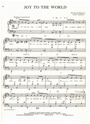 Picture of Joy to the World, Hoytt Axton, recorded by Three Dog Night, arr. Pietro Deiro Jr. for accordion solo, pdf copy