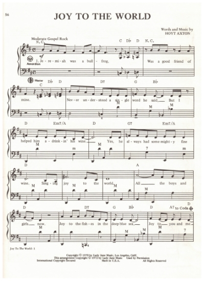 Picture of Joy to the World, Hoytt Axton, recorded by Three Dog Night, arr. Pietro Deiro Jr. for accordion solo, pdf copy