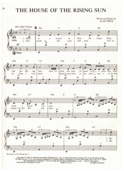 Picture of House of the Rising Sun, Alan Price, recorded by The Animals, arr. Pietro Deiro Jr. for accordion solo, pdf copy