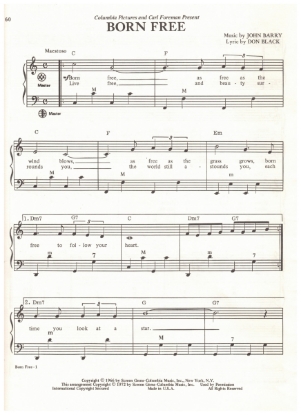 Picture of Born Free, movie title song, Don Black & John Barry, recorded by Matt Monro, arr. Pietro Deiro Jr. for accordion solo, pdf copy 