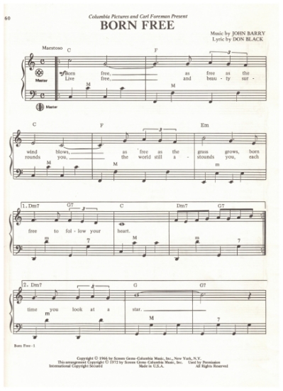 Picture of Born Free, movie title song, Don Black & John Barry, recorded by Matt Monro, arr. Pietro Deiro Jr. for accordion solo, pdf copy 