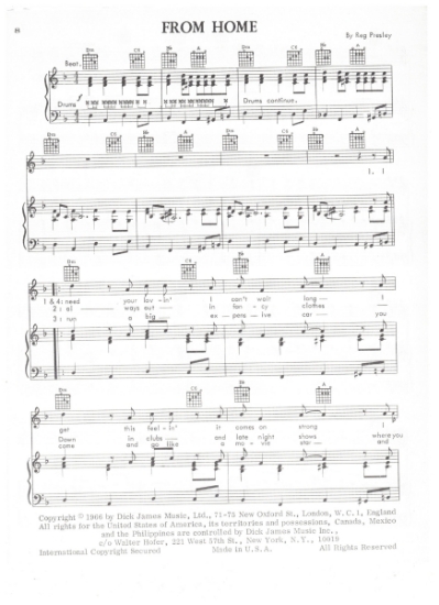 Picture of From Home, Reg Presley, recorded by The Troggs, sheet music