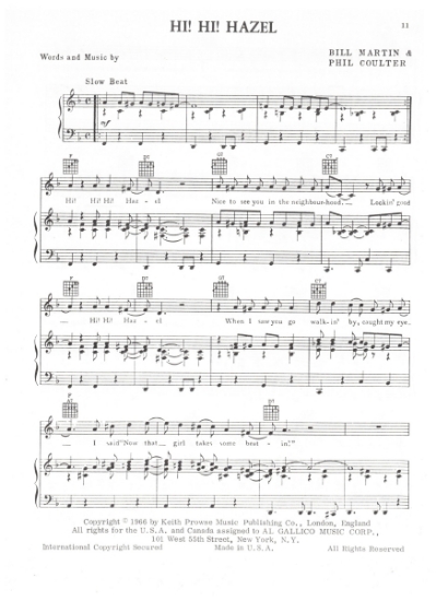 Picture of Hi! Hi! Hazel, Bill Martin & Phil Coulter, recorded by The Troggs, sheet music
