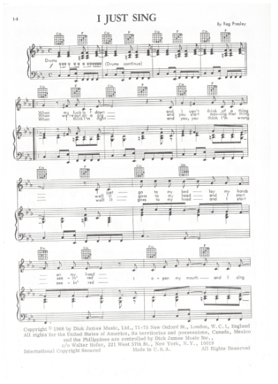 Picture of I Just Sing, Reg Presley, recorded by The Troggs, sheet music