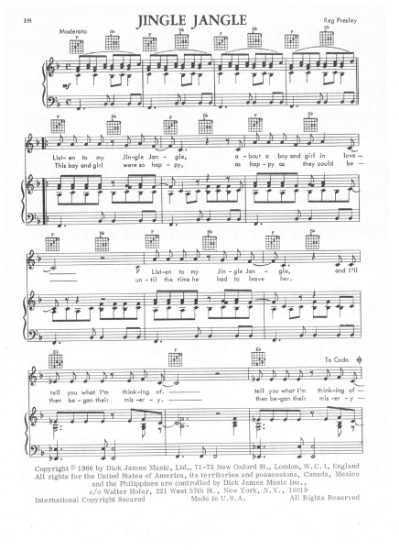 Picture of Jingle Jangle, Reg Presley, recorded by The Troggs, sheet music