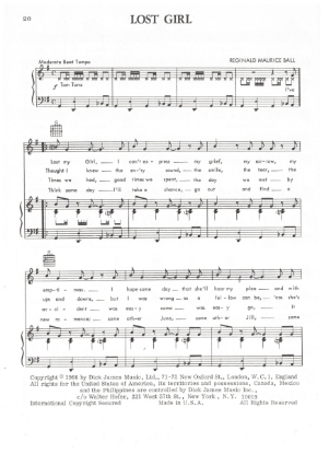 Picture of Lost Girl, Reginald Maurice Ball, recorded by The Troggs, sheet music