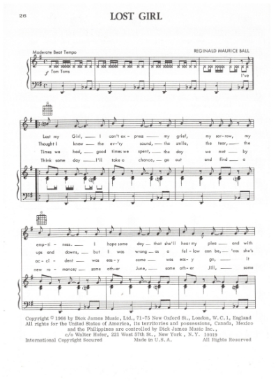 Picture of Lost Girl, Reginald Maurice Ball, recorded by The Troggs, sheet music