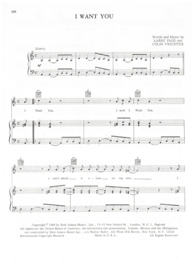 Picture of I Want You, Larry Page & Colin Frechter, recorded by The Troggs, sheet music