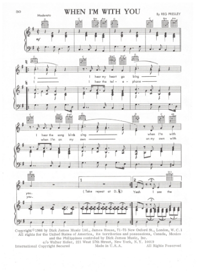 Picture of When I'm With You, Reg Presley, recorded by The Troggs, sheet music