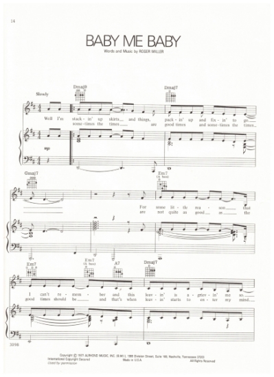 Picture of Baby Me Baby, Roger Miller, recorded by Barbra Streisand, sheet music, pdf copy 