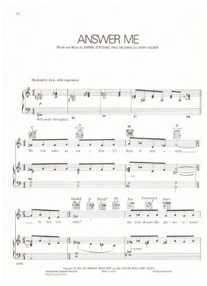 Picture of Answer Me, Barbra Streisand/ Paul Williams/ Kenny Ascher, recorded by Barbra Streisand, sheet music, pdf copy