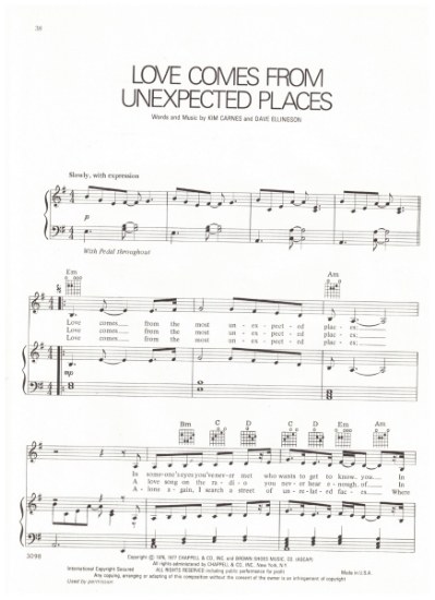 Picture of Love Comes From Unexpected Places, Kim Carnes & Dave Ellington, recorded by Barbra Streisand, sheet music, pdf copy 