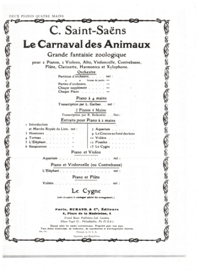 Picture of Carnival of the Animals, C. Saint-Saens, piano duo, two pianos four hands, sheet music folio, original Durand edition