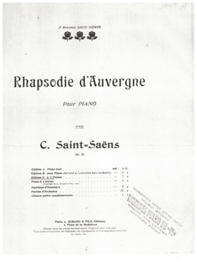 Picture of Rhapsodie d'Auvergne, C. Saint-Saens Op. 73, piano duo, two pianos four hands