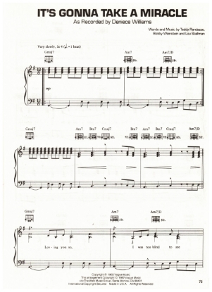 Picture of It's Gonna Take a Miracle, Teddy Randazzo/ Bobby Weinstein/ Lou Stallman, recorded first by The Royalettes & then Deniece Williams, sheet music, pdf copy