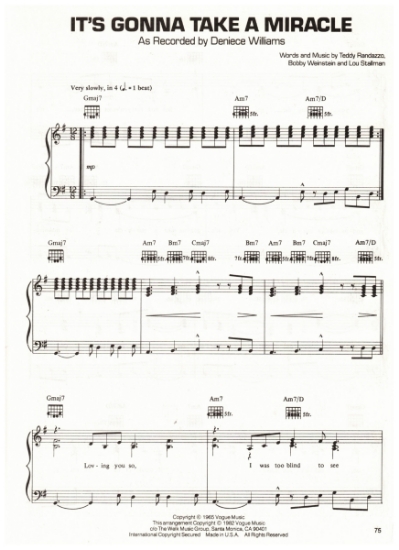 Picture of It's Gonna Take a Miracle, Teddy Randazzo/ Bobby Weinstein/ Lou Stallman, recorded first by The Royalettes & then Deniece Williams, sheet music, pdf copy