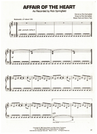 Picture of Affair of the Heart, Rick Springfield/ Blaise Tosti/ Danny Tate, recorded by Rick Springfield, pdf copy