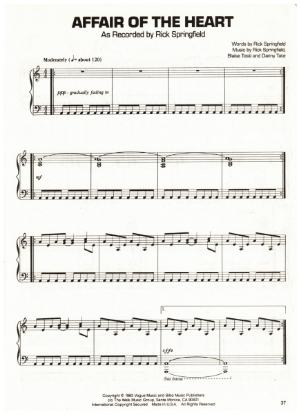 Picture of Affair of the Heart, Rick Springfield/ Blaise Tosti/ Danny Tate, recorded by Rick Springfield, sheet music, pdf copy