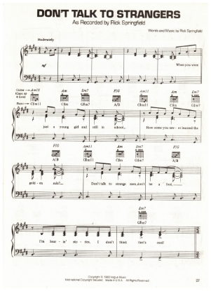 Picture of Don't Talk to Strangers, written & recorded by Rick Springfield, sheet music, pdf copy 