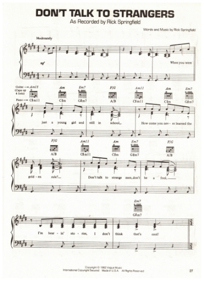 Picture of Don't Talk to Strangers, written & recorded by Rick Springfield, sheet music, pdf copy 