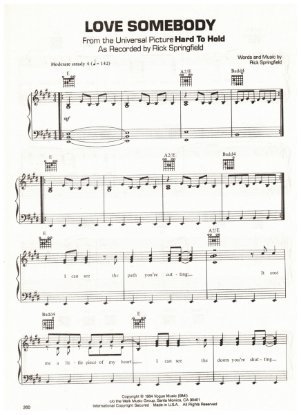 Picture of Love Somebody, from movie "Hard to Hold", written & recorded by Rick Springfield, sheet music
