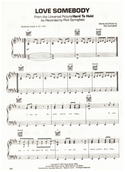 Picture of Love Somebody, from movie "Hard to Hold", written & recorded by Rick Springfield, sheet music