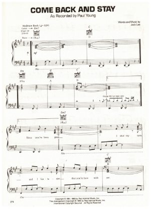 Picture of Come Back and Stay, Jack Lee, recorded by Paul Young, sheet music, pdf copy 