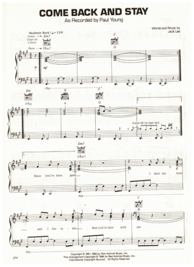 Picture of Come Back and Stay, Jack Lee, recorded by Paul Young, sheet music, pdf copy 