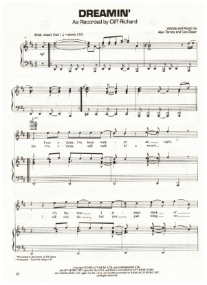 Picture of Dreamin', Alan Tarney & Leo Sayer, recorded by Cliff Richard, sheet music, pdf copy