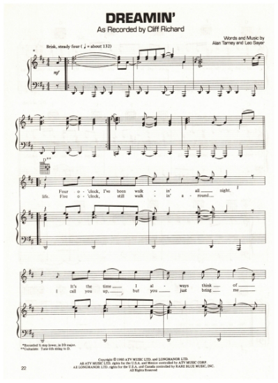 Picture of Dreamin', Alan Tarney & Leo Sayer, recorded by Cliff Richard, sheet music, pdf copy