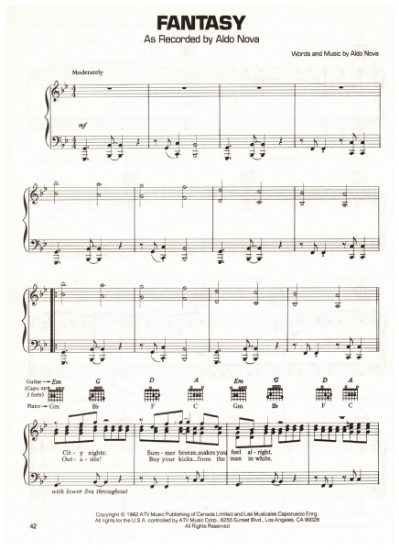 Picture of Fantasy, written & recorded by Aldo Nova, sheet music, pdf copy