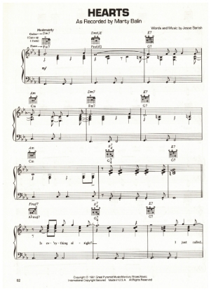 Picture of Hearts, Jesse Barish, recorded by Marty Balin, sheet music, pdf copy 