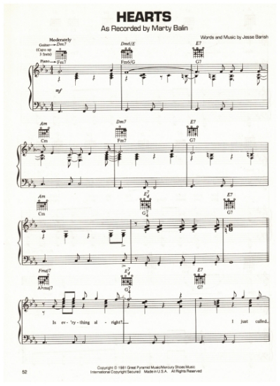 Picture of Hearts, Jesse Barish, recorded by Marty Balin, sheet music, pdf copy 