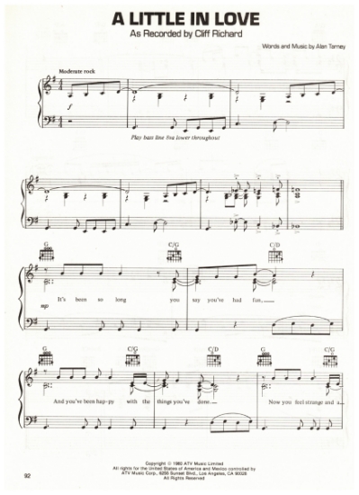 Picture of A Little In Love, Alan Tierney, recorded by Cliff Richard, sheet music, pdf copy
