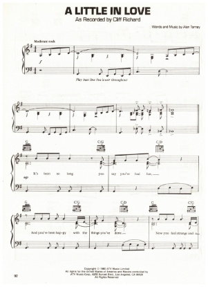 Picture of A Little In Love, Alan Tierney, recorded by Cliff Richard, sheet music