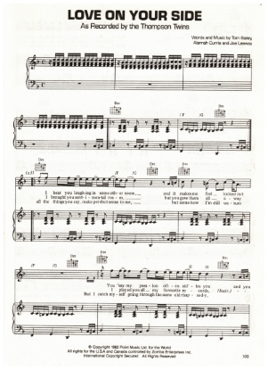 Picture of Love On Your Side, Tom Bailey/ Alannah Currie/ Joe Leeway, recorded by The Thompson Twins, sheet music, pdf copy