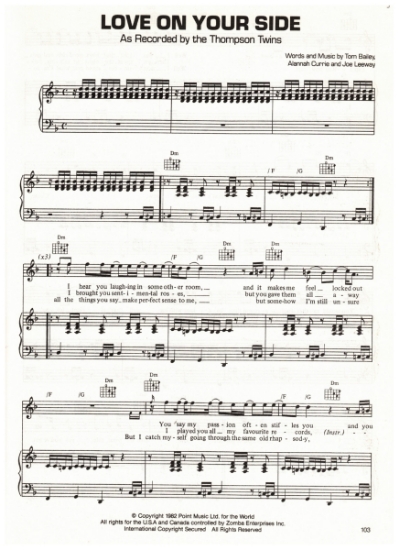 Picture of Love On Your Side, Tom Bailey/ Alannah Currie/ Joe Leeway, recorded by The Thompson Twins, sheet music, pdf copy