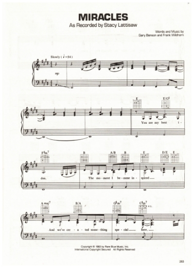 Picture of Miracles, Gary Benson & Frank Wildhorn, recorded by Stacy Lattisaw, sheet music, pdf copy 