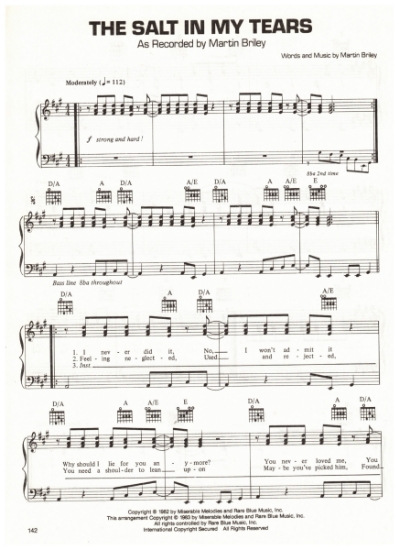 Picture of The Salt In My Tears, written & recorded by Martin Briley, sheet music, pdf copy 